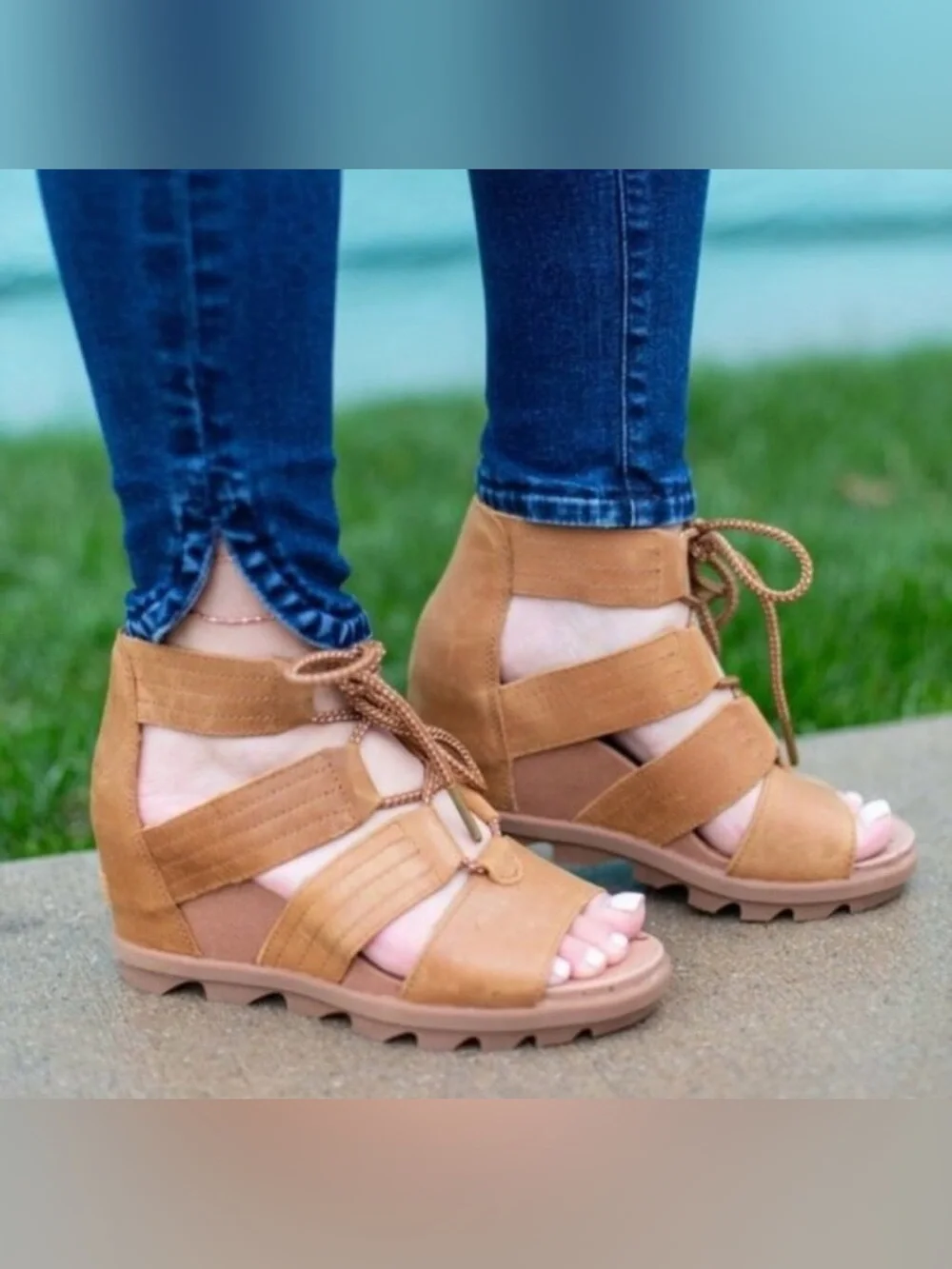Sorel Tan Leather Joanie Il Lace Up Ankle Wedge Heel Strappy Sandals Size 9